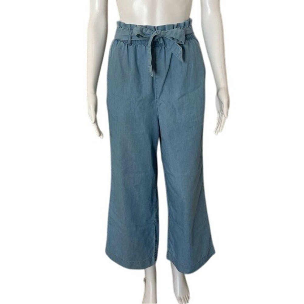 H&M Blue Chambray Wide Leg Girlfriend Fit Paper Bag Belt High Waist Pant 2